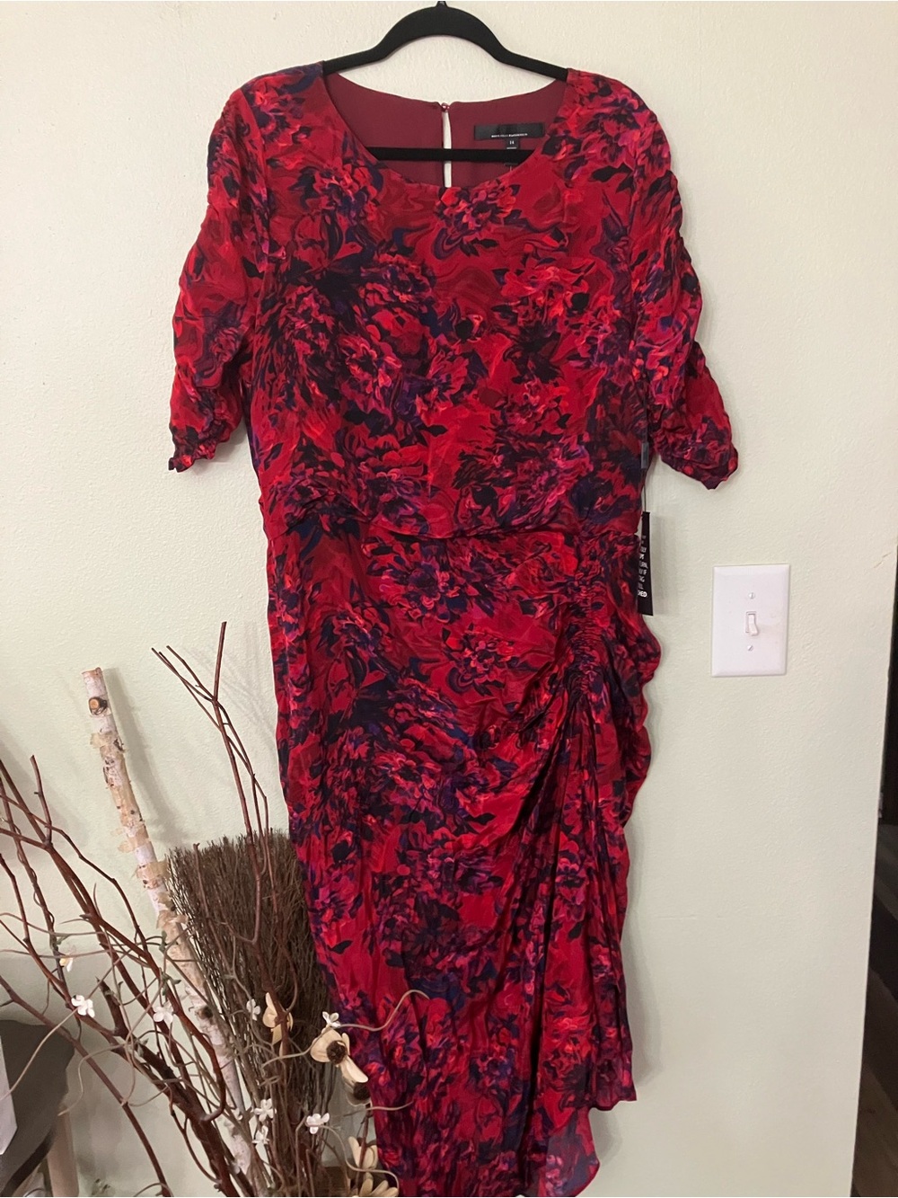 NWT White House Black Market red fuschia abstract floral flowy ruched dress